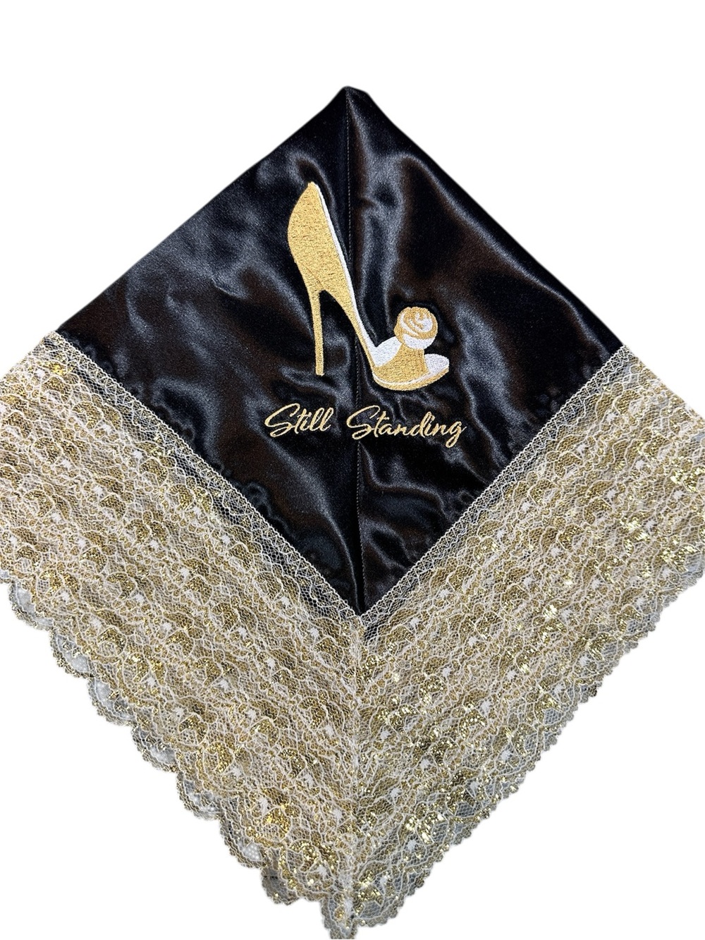 Black Satin Embroidered Church Handkerchief with White and Gold Lace Trim